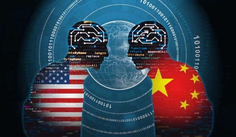Silhouettes of two humans staring at eachother, one textured with the US flag, the other with the Chinese flag.