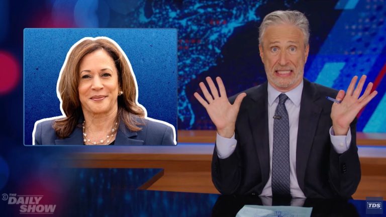 Jon Stewart posing dramatically next to a picture of Kamala Harris