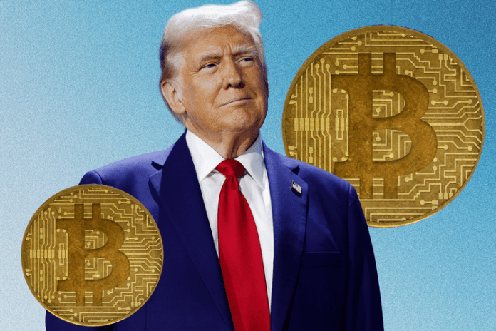 Picture of President Elect Trump with novelty BitCoin coins around him.