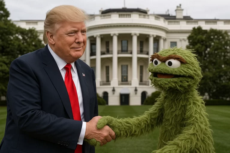 Donald Trump and Oscar the Grouch shaking hands