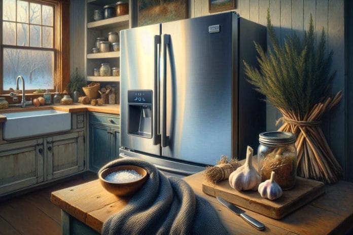 The Sleeping Robot in the Kitchen A smart refrigerator in a farmhouse kitchen covered with a weighted blanket, a bowl of sea salt and a palo santo bundle sitting on top in soft winter light.
