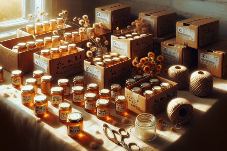 Rows of small amber jars of handmade tallow balm packed into flat-rate shipping boxes on a farmhouse kitchen table with dried calendula and wool roving.