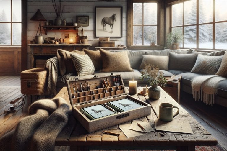 A wooden bread box filled with phones on a farmhouse coffee table, next to a child's pencil drawing of a horse and a mug of herbal tea.