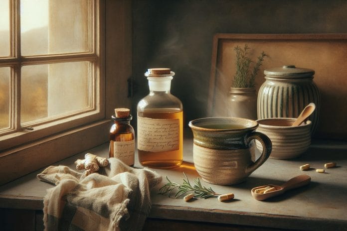 A warmly lit farmhouse kitchen counter with ginger tea, castor oil, rosemary, and a pharmacy pill bottle pushed to the edge of the frame