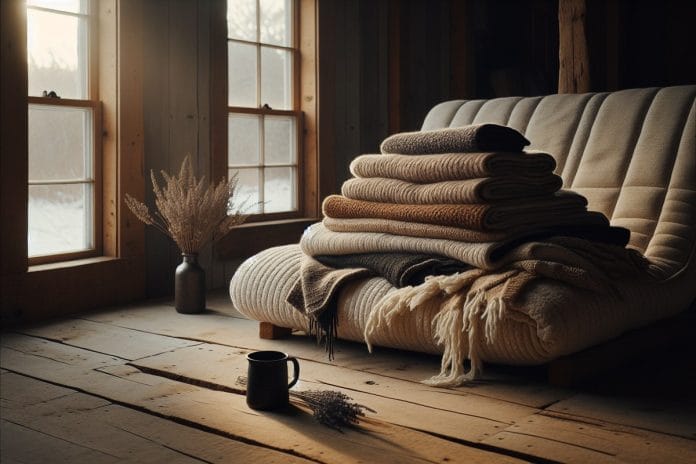 Folded wool blankets and a buckwheat futon arranged as a bed on a farmhouse floor in late winter light