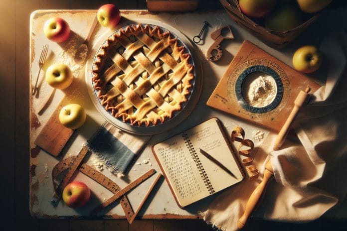 A homemade apple pie on a farmhouse counter with a cloth measuring tape draped across the crust, a notebook, and a protractor beside it.
