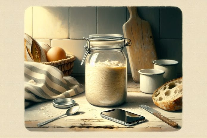 A flat, sunken sourdough starter in a glass jar on a farmhouse kitchen counter beside a face-down phone and an unplugged smart speaker wrapped in a dish towel.