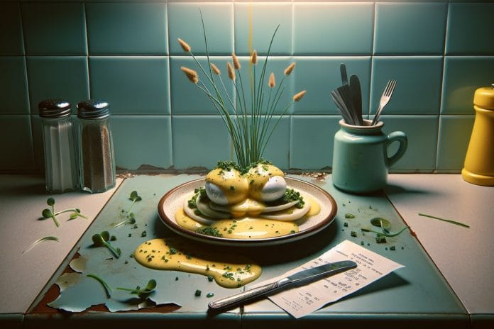 A glossy hollandaise-covered eggs benedict plate with uniform microgreens and a folded receipt, lit by cool overhead fluorescents on a diner counter.