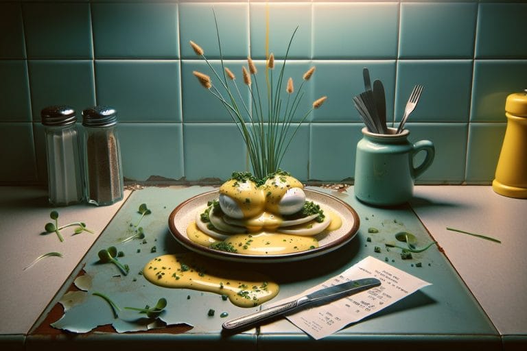 A glossy hollandaise-covered eggs benedict plate with uniform microgreens and a folded receipt, lit by cool overhead fluorescents on a diner counter.