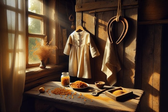 A child-sized linen graduation gown dyed pale gold with turmeric, hanging in a sunlit farmhouse window above a wooden table scattered with raisins, turmeric, and a rusted horseshoe.