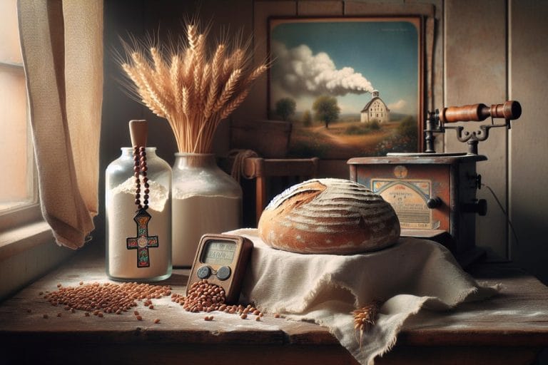 A farmhouse kitchen counter with sourdough dough, a bag of einkorn flour, and a small tablet displaying white smoke over a basilica.
