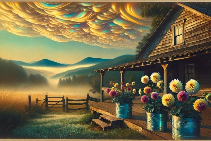 A farmhouse porch view at dawn with dahlias in buckets and a pearlescent, faintly amber haze sitting over the Blue Ridge ridgeline.