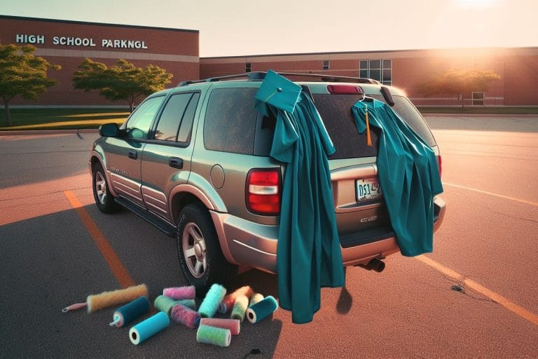 A teal graduation gown draped over an SUV hatchback in a high school parking lot, with a lint roller and used fuzz-covered sheets nearby