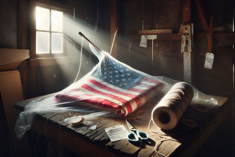 A cheap polyester American flag partially unwrapped from cellophane, lying on a wooden workbench in a dim garage with afternoon light filtering in.