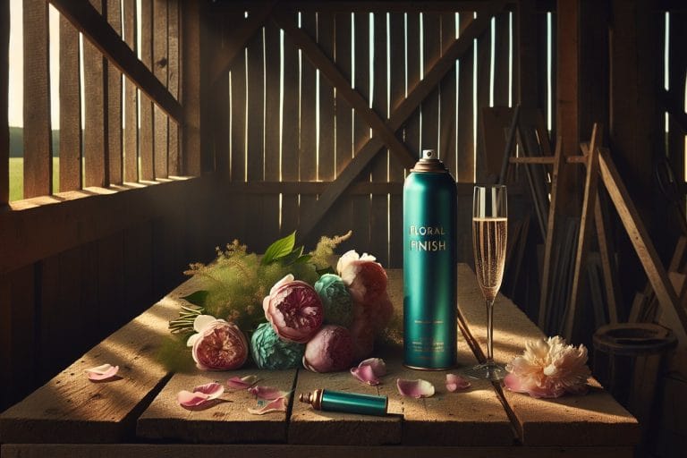 A teal aerosol can of floral finishing spray on a rustic barn table beside a peony bouquet and scattered petals in late-afternoon light