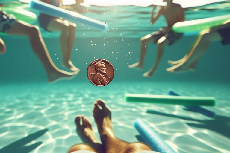 A copper penny resting at the bottom of a turquoise public swimming pool with children's legs blurred in the background.