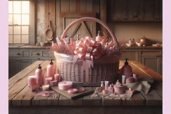 A large pink-cellophane-wrapped wicker basket on a kitchen island, surrounded by scattered pink and purple body-care bottles in warm evening light.