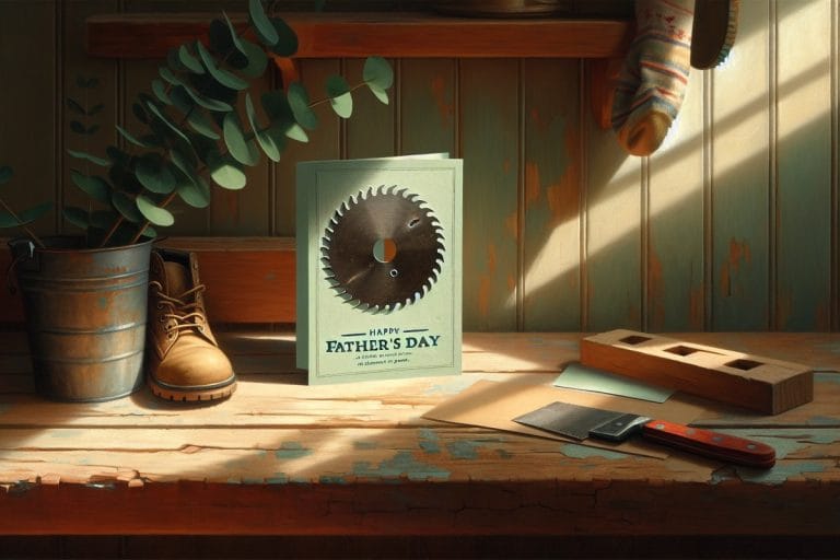 A Father's Day card with a saw-blade scratch-and-sniff sticker resting on a wooden mudroom bench where a rectangle of finish has visibly lifted