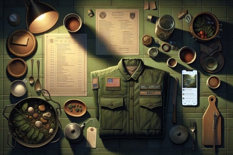 A green 'Grill Sergeant' apron on a farmhouse kitchen island at night with its tag flipped open beside a headlamp and a phone