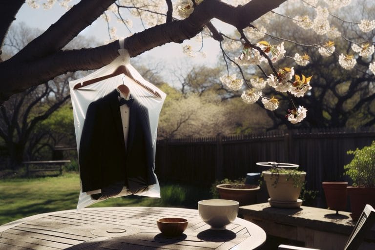 A black rented tuxedo in a translucent garment bag hanging from a cherry tree branch above a small bowl of vinegar on a sunlit patio table.