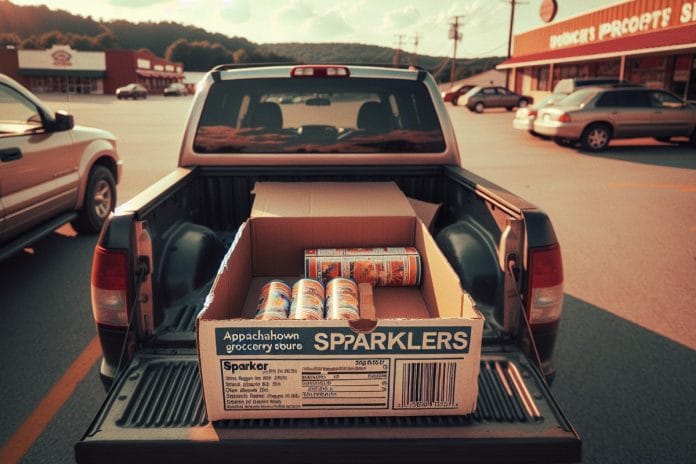 An open flat of unlit sparklers resting on the tailgate of an SUV in a grocery store parking lot at golden hour, with the ingredient panel of the box visible.