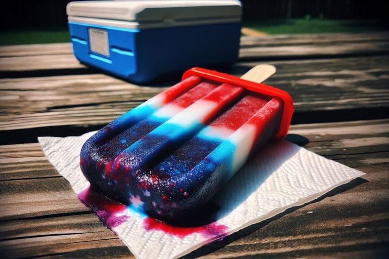 A half-melted red, white, and blue rocket popsicle on a napkin on a picnic table, blue dye dripping onto the wood in the sun.
