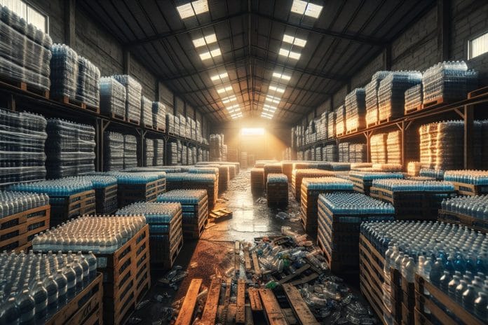 A shrink-wrapped pallet of plastic water bottles stacked in a hot garage
