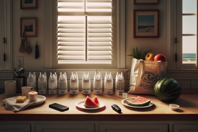A row of plug-in air fresheners lined up on a beach rental kitchen counter next to a reusable tote bag and a slice of watermelon.