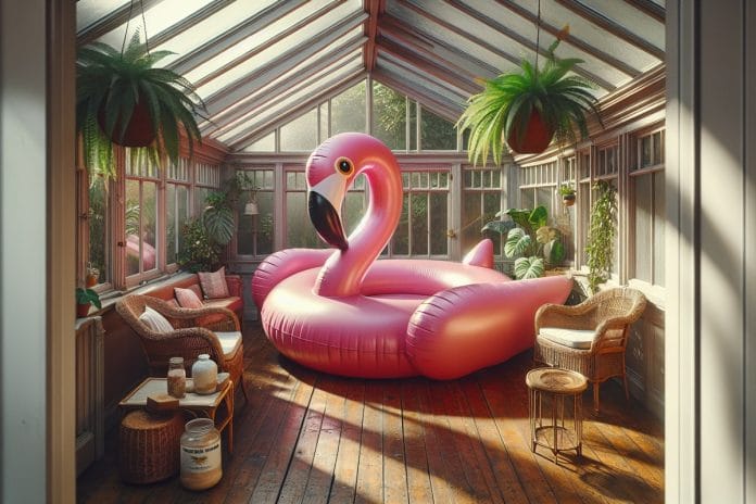 An oversized inflatable hot-pink flamingo crammed into a small sunroom with wicker furniture and houseplants
