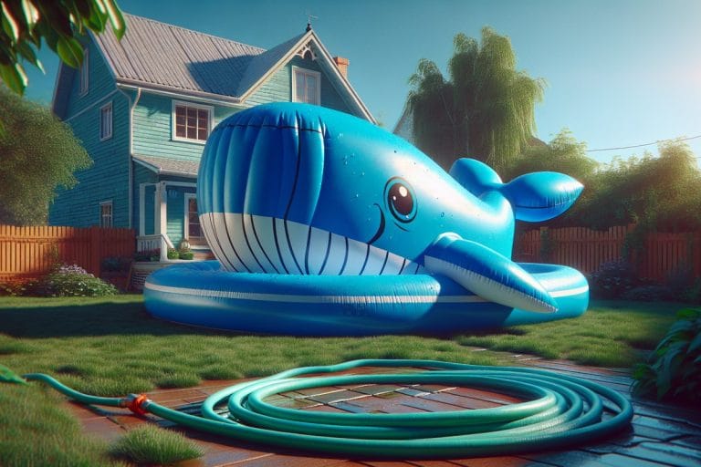 A brand-new whale-shaped inflatable splash pad inflated on a sunlit suburban lawn with a garden hose attached.