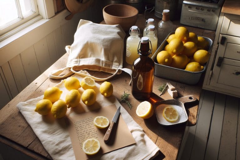 A canvas tote with twenty-four halved lemons, an amber vinegar spray bottle with rosemary, and a handwritten note arranged on a wooden kitchen counter
