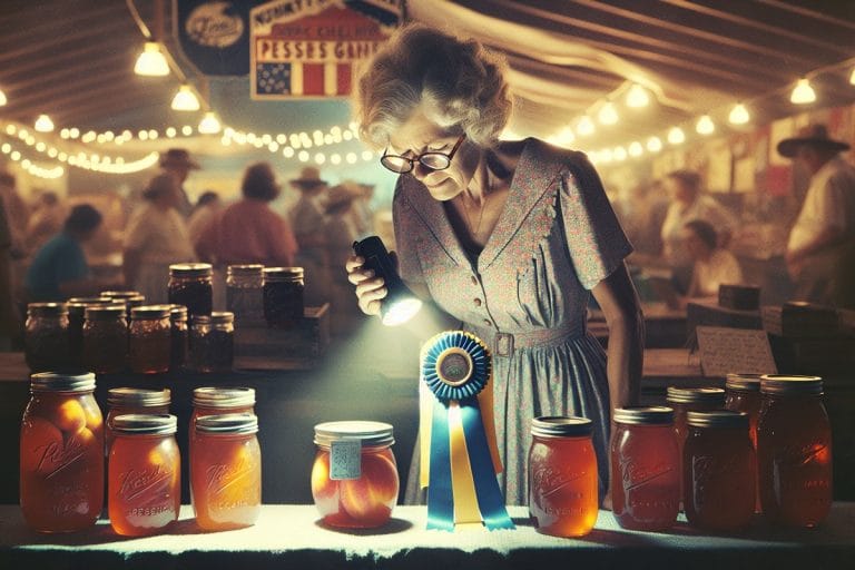 A woman in a sundress holds a small flashlight up to the label of a blue-ribbon jar of peach preserves at a county fair canned goods display.