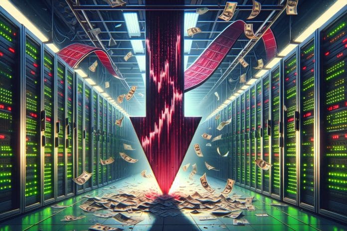 A red downward arrow crashes through a server rack as hundred-dollar bills scatter in the air of a dim data center.