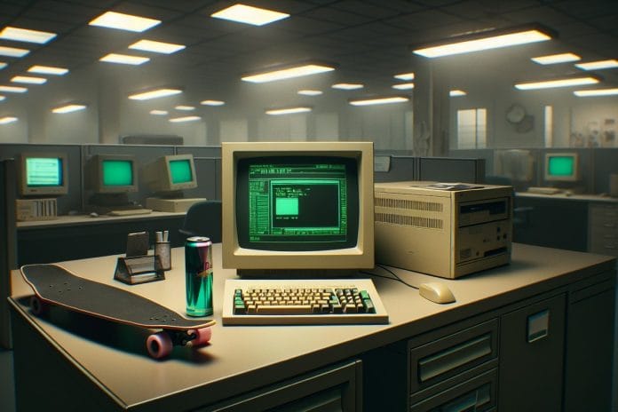 DOGE Visits the Federal Payment System An aging government computer terminal in a Treasury office with an energy drink can sitting next to the keyboard