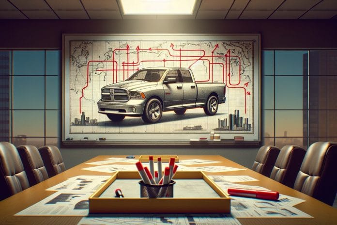 A whiteboard diagram showing a pickup truck with arrows crossing a U.S.-Canada border line multiple times, in an auto industry conference room.