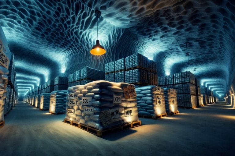A cavernous government storage facility with industrial pallets labeled with cryptocurrency ticker symbols stacked alongside oil drums under industrial lighting.