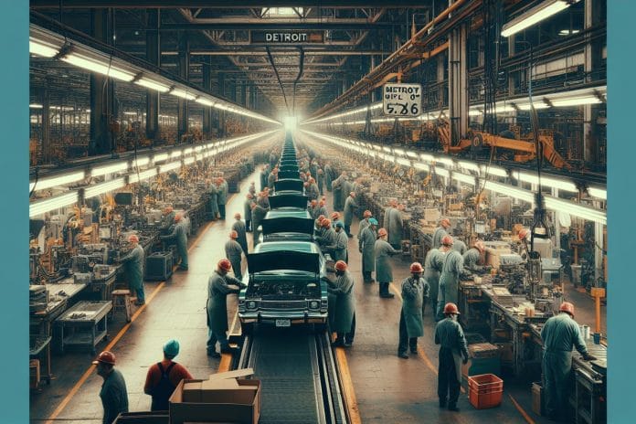An automotive assembly line in a Detroit-area plant with workers and partially assembled vehicles