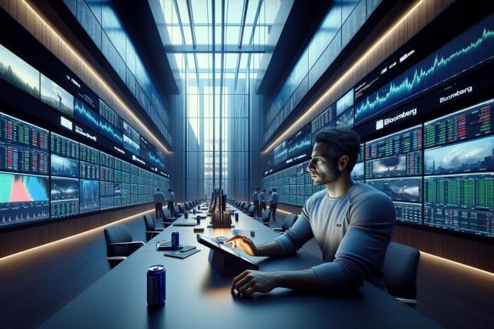 A trader at a Bloomberg terminal refreshing a social media feed on a tablet inside a hedge fund office.