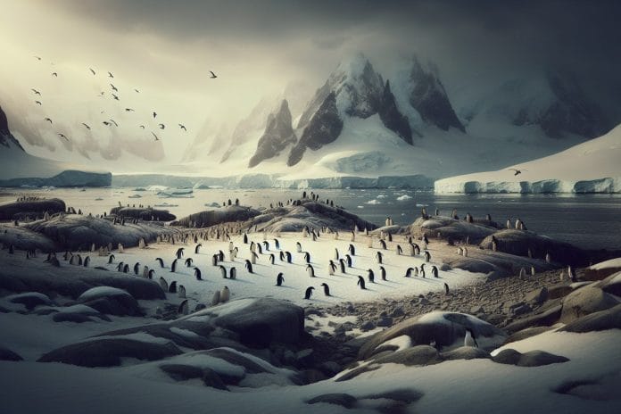 A colony of macaroni penguins standing on a rocky sub-Antarctic shoreline