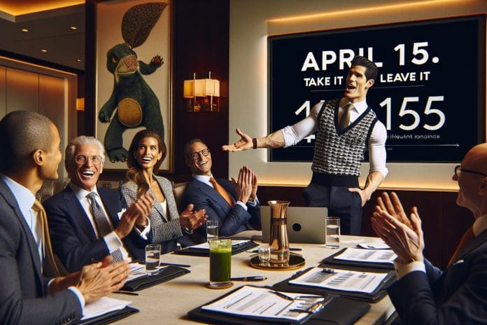 Frost Halloran Tax Season Briefing A wealth advisor in a fleece vest presents a slide reading 'April 15: Take It Or Leave It' to applauding clients in a Park Avenue conference room.