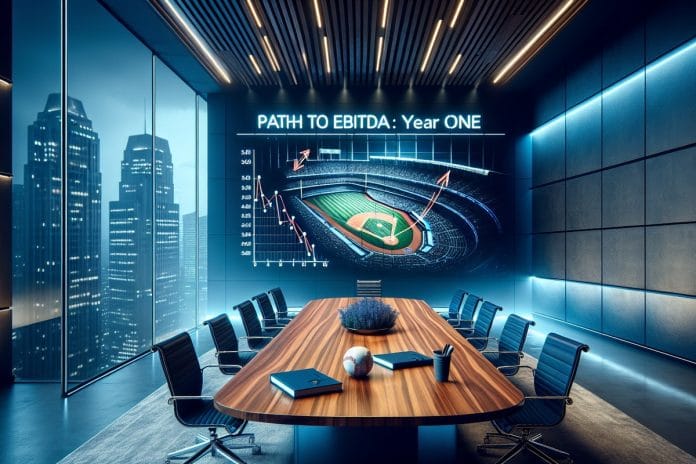 A private equity conference room with a baseball on the table and a slide deck projecting cost-cutting analysis over a baseball diamond diagram