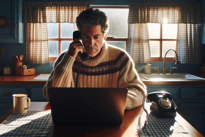 An older man at a kitchen table looks at a laptop screen while holding a phone, morning light coming through the window.