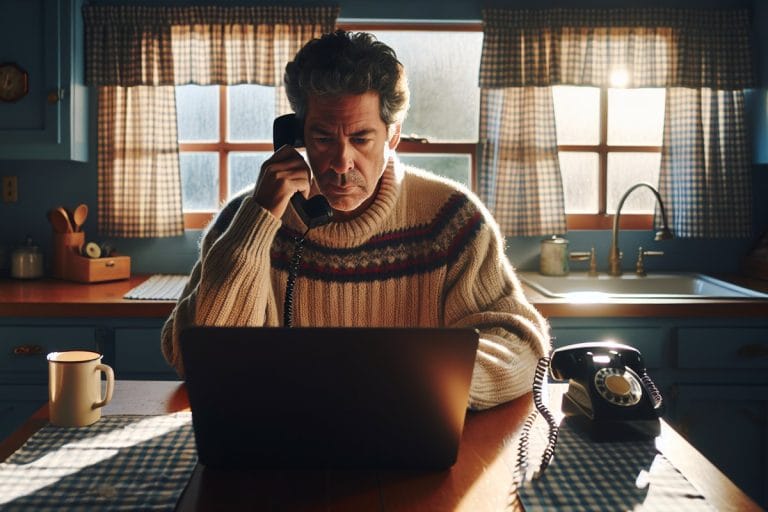 An older man at a kitchen table looks at a laptop screen while holding a phone, morning light coming through the window.