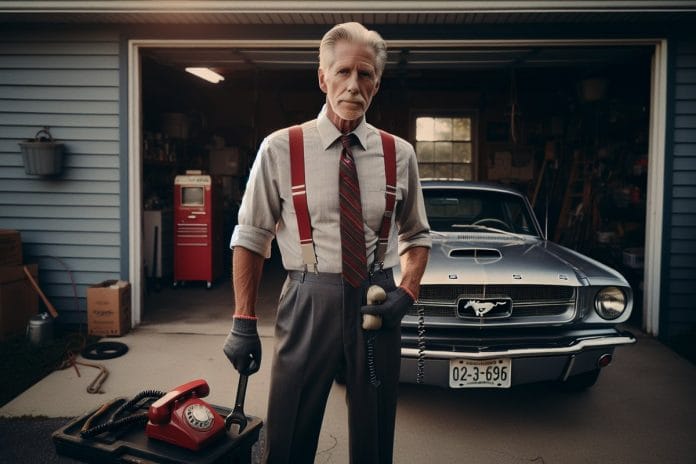 An older man in suspenders holding a wrench and a landline phone in a suburban garage, a half-restored vintage car behind him
