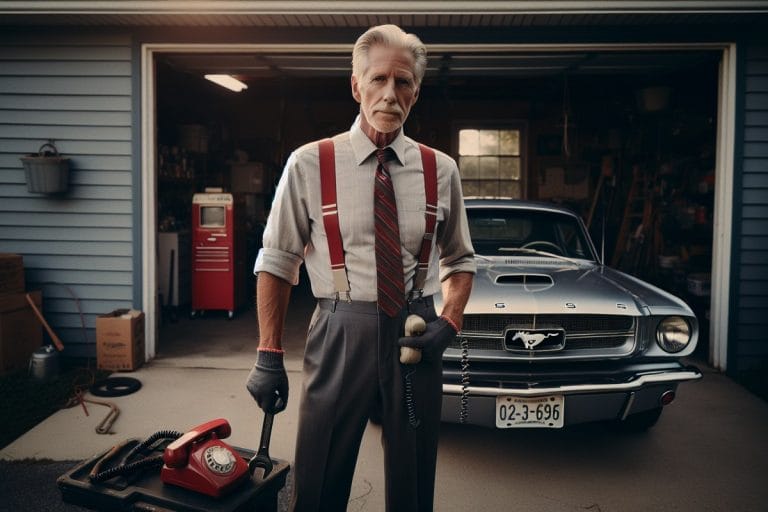 An older man in suspenders holding a wrench and a landline phone in a suburban garage, a half-restored vintage car behind him