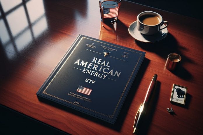 BlackRock Real American Energy ETF Rebrand A glossy investment fund brochure titled 'Real American Energy ETF' on a polished desk beside a small American flag pin and an espresso cup.