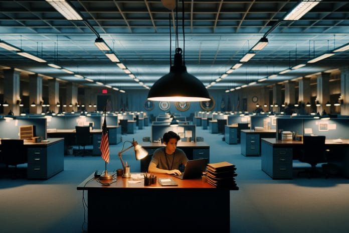A vast, mostly empty federal office floor with rows of vacant desks and one young staffer working alone under a single lamp.