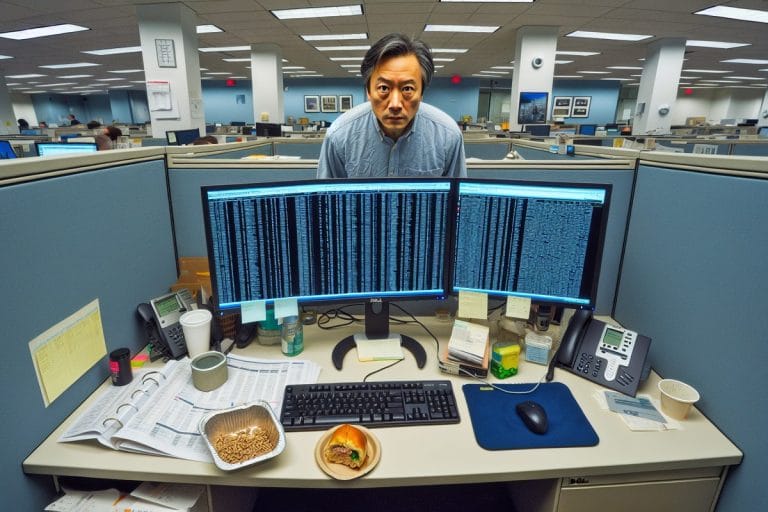 Wide overhead view of an equity analyst at his desk staring at a monitor, half-eaten sandwich beside the keyboard
