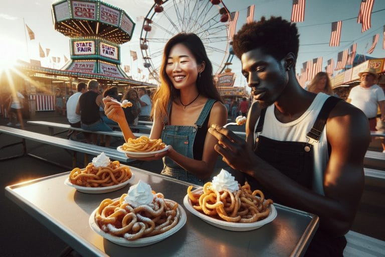 A funnel cake dusted with powdered sugar on a small paper plate at a state fair midway