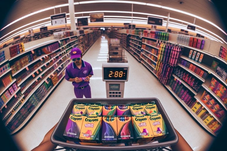 High-angle security-camera view of a brightly lit Target back-to-school aisle with stacks of crayon boxes and a glowing electronic shelf price tag.
